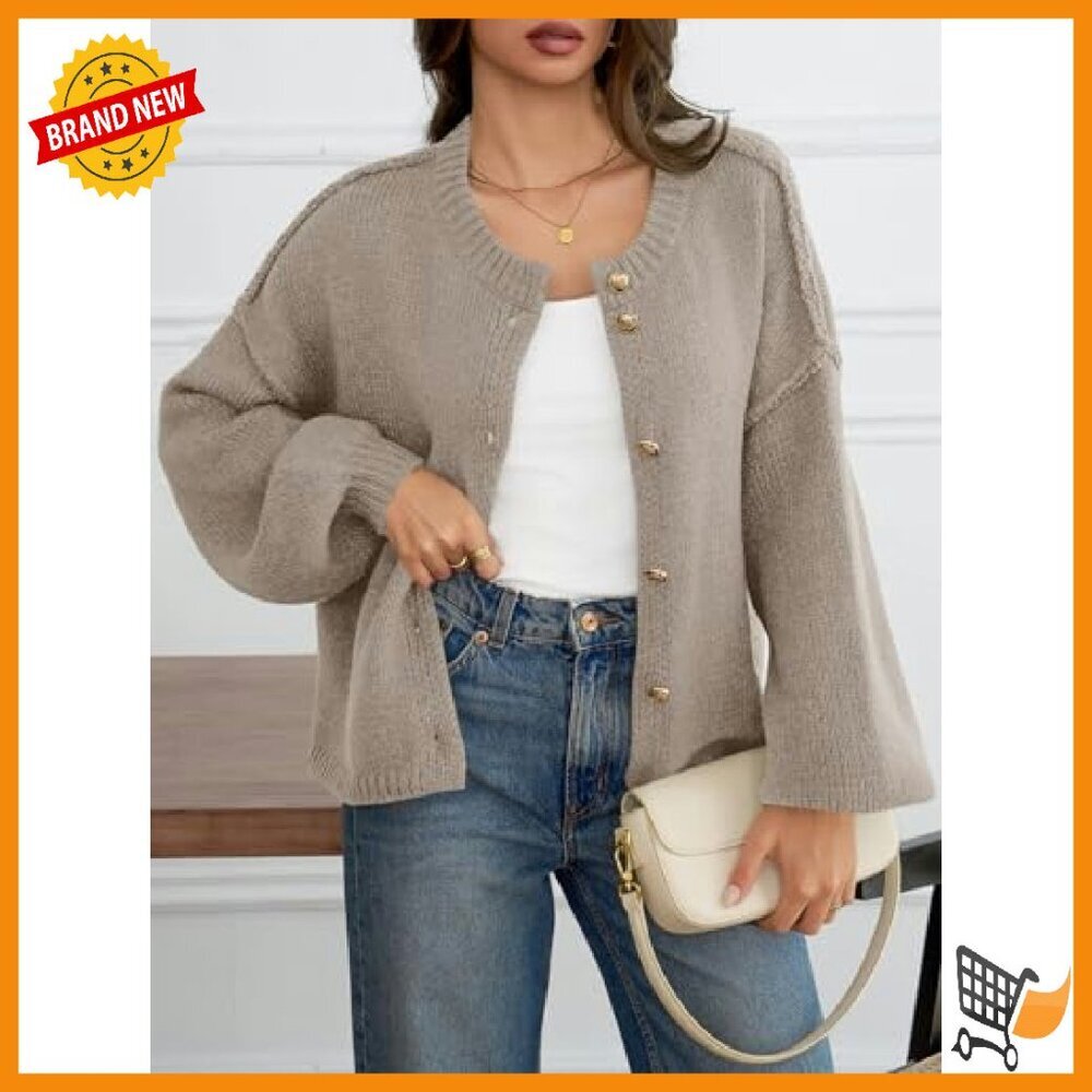Oversized Chunky Knit Cardigan with Lantern Sleeves - Fall Winter Sweater - Picture 3 of 8